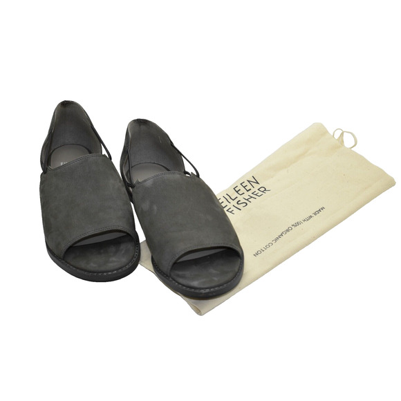 A8 Auth EILEEN FISHER Grey Nubuck Elastic Stripes Open Toe Flat Sandals Size 8 - Picture 1 of 6